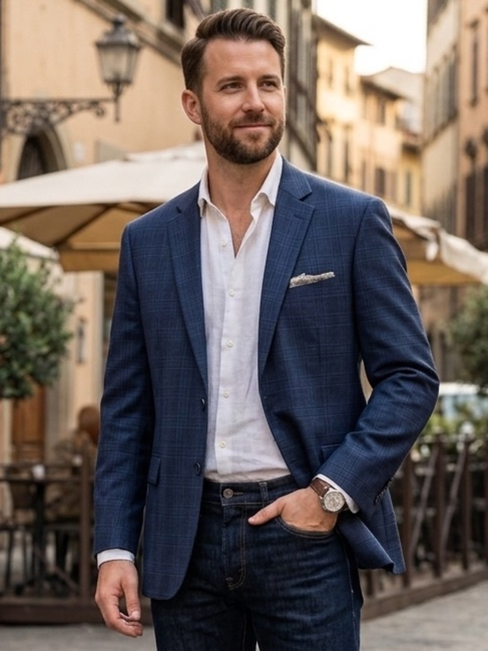 Pronto Uomo Platinum Sport Coat Mens 46L Windowpane Navy Blue Preppy Formal Wool